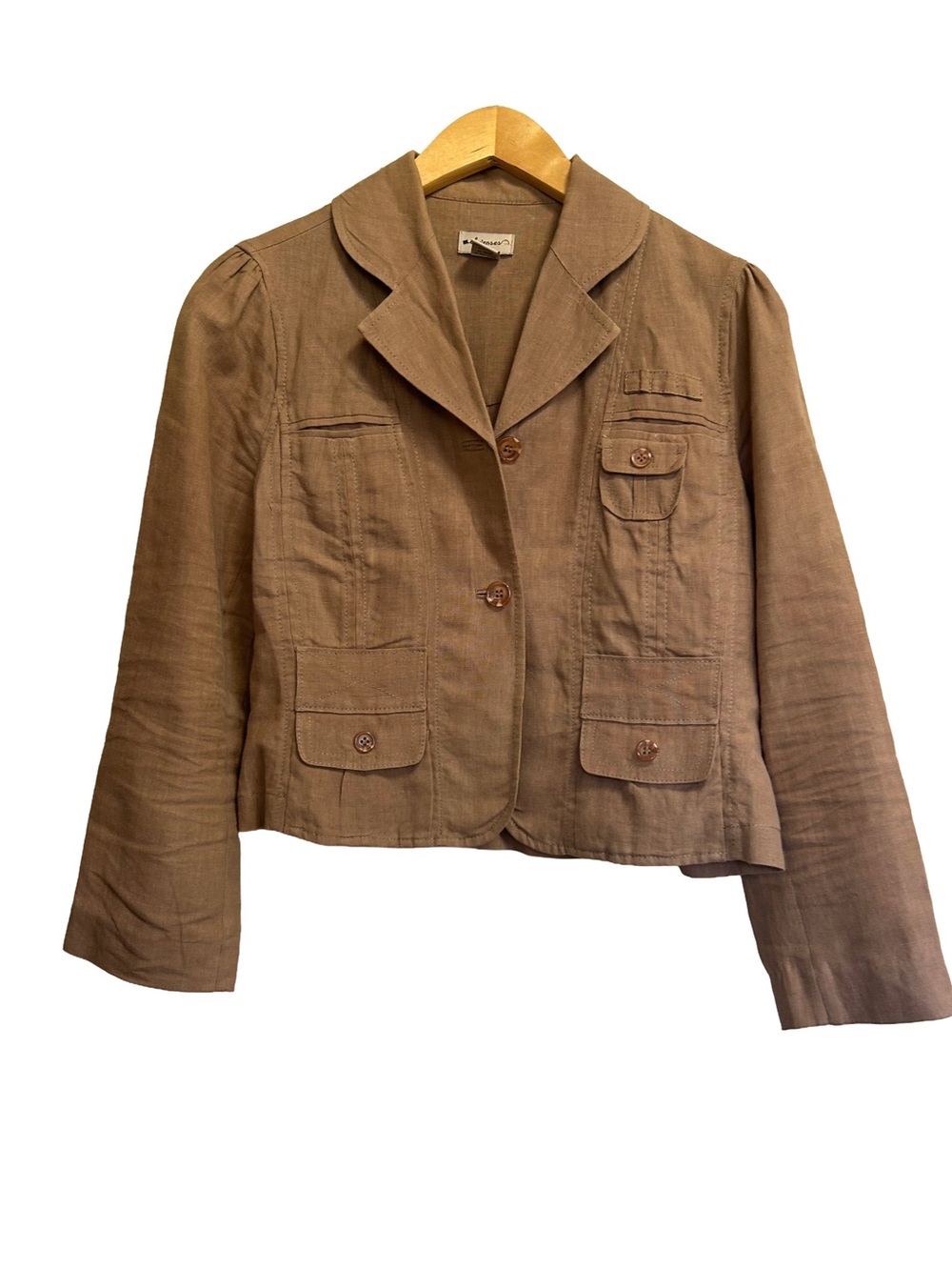 Vintage 2000s Anthropologie Elevenses Linen Safari Peplum Blazer Jacket Tan 8P
